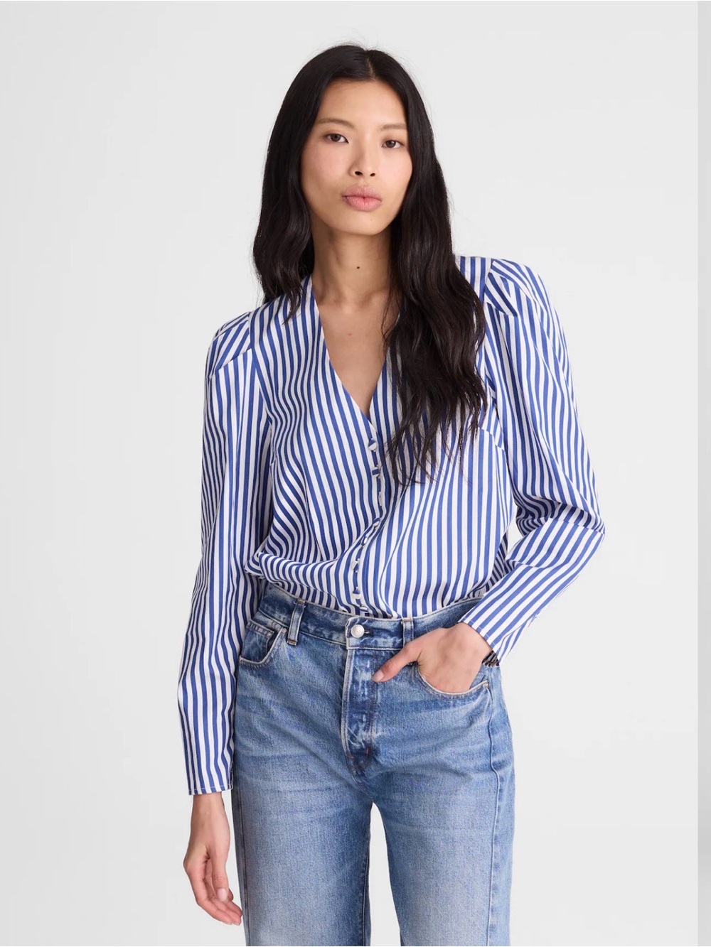 NWT Madewell Navy and White Striped Poplin Button-Front Blouse Preppy Old Money - Picture 2 of 12
